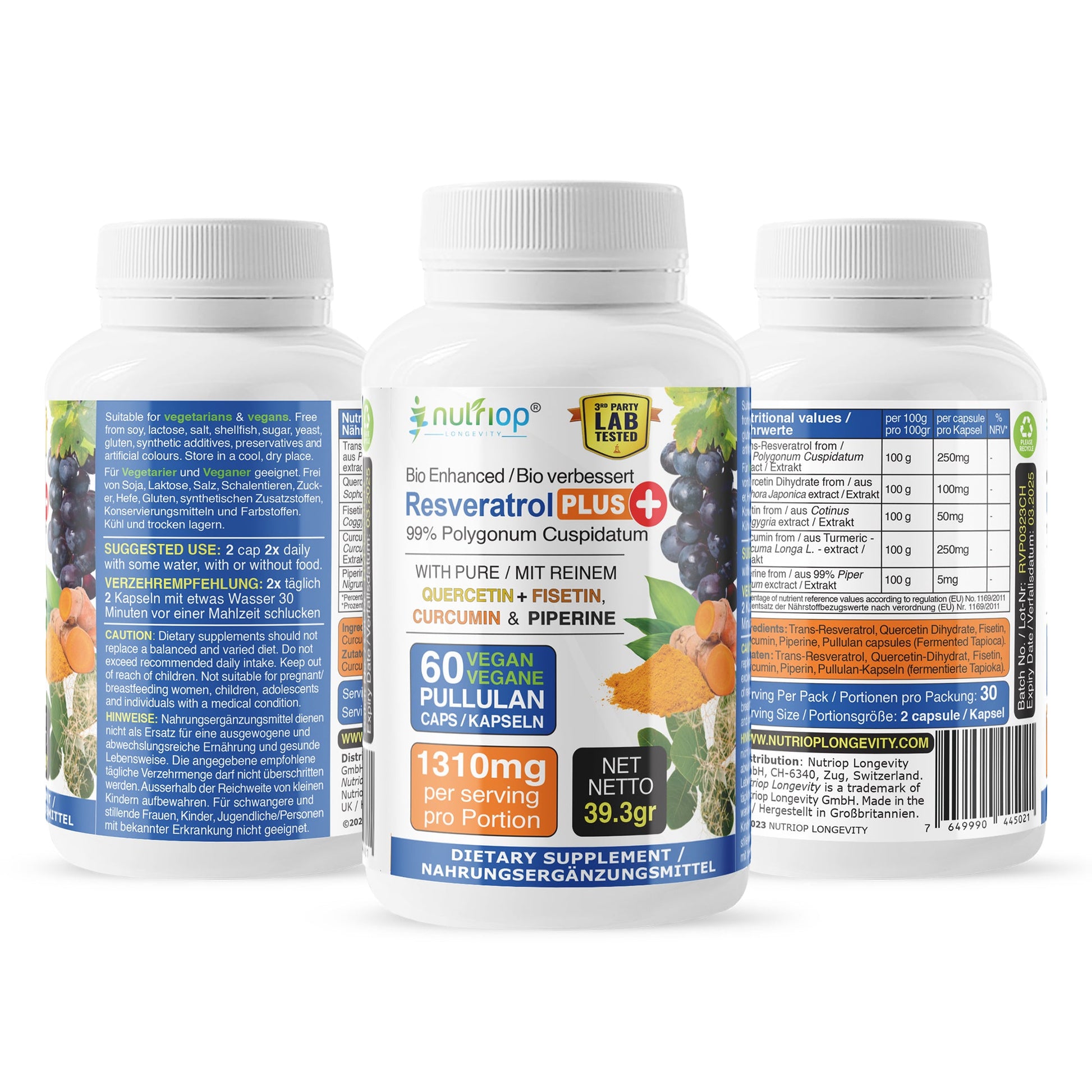 Bio-Enhanced Nutriop Longevity® Resveratrol PLUS with Pure Quercetin, Fisetin, Curcumin and Piperine - 1310mg per serving (x30)-4