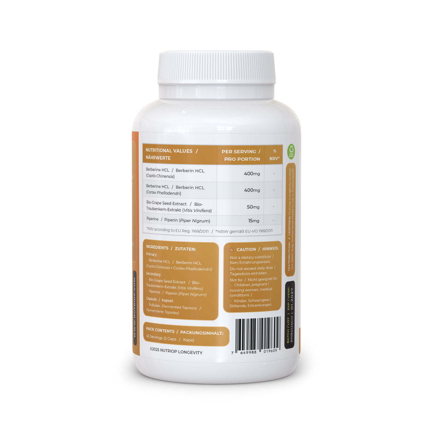 Nutriop Longevity® Bio-Enhanced Berberine HCL with Pure Organic Piperine and Grape Seed Extract - 865mg per serving (x45)-3